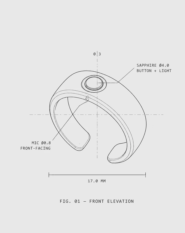 Technical elevation of the Cuff-01 showing the sapphire button and microphone