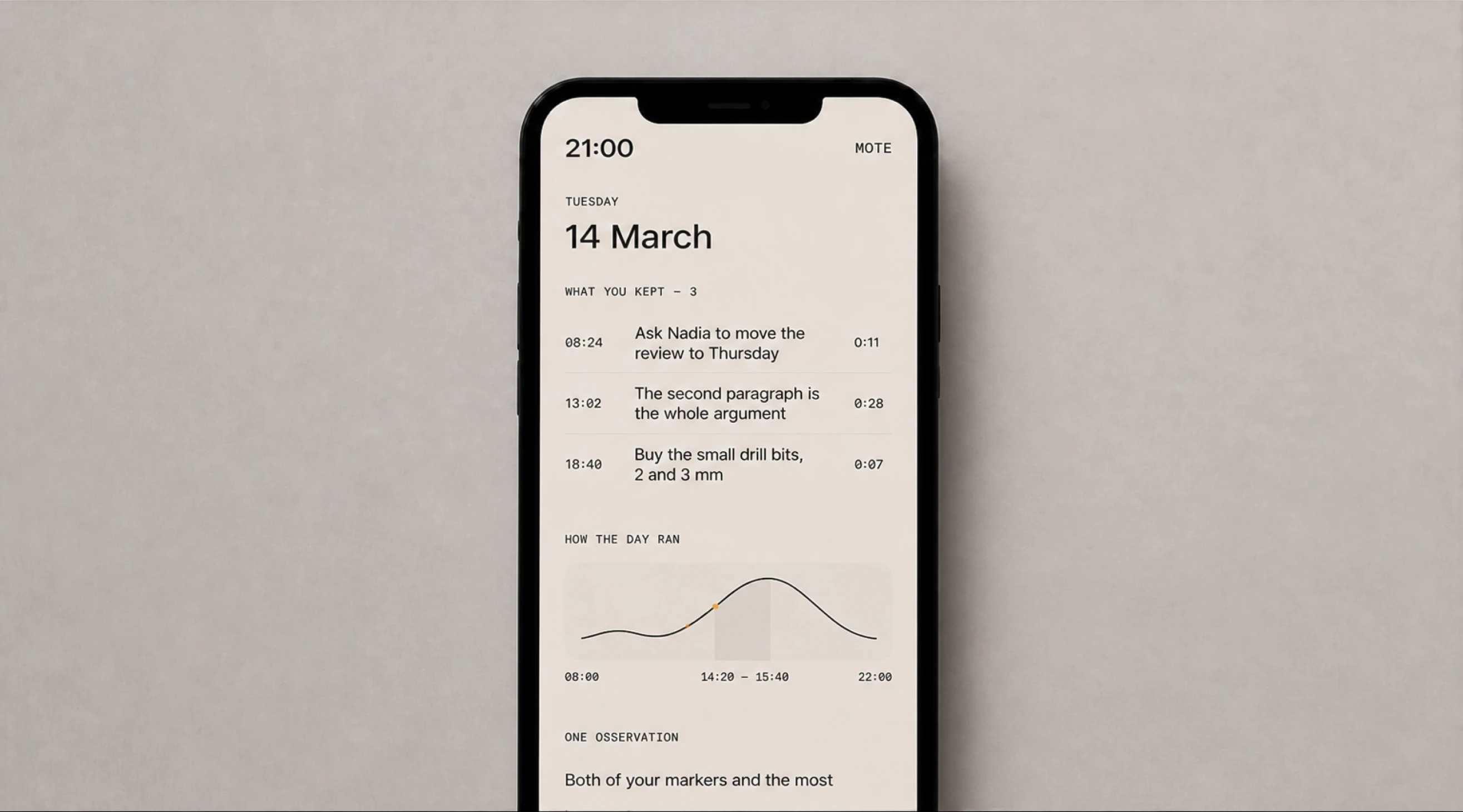 A phone showing the evening card: what you kept, how the day ran, and one observation